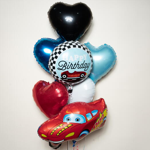 Набор фольгированных воздушных шаров для дня рождения с машинкой Молния Маккуин – 5 шаров в форме сердца  7389