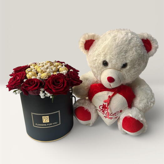 Rosas Ferrero y Osito de Peluche Blanco