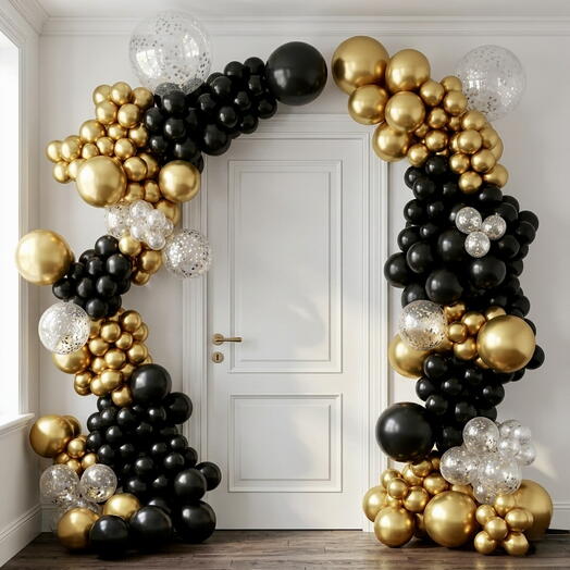 Black   Gold Grand Balloon Arch – Luxury Event Setup (370 pcs)