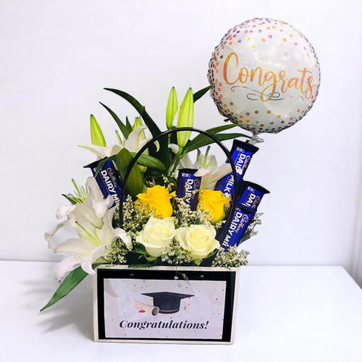 Congrats Celebration Box – Flowers, Chocolates   Foil Balloon Combo