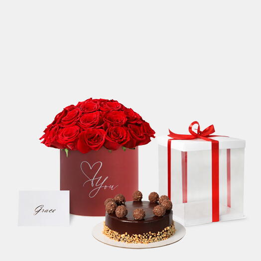 Красные розы с тортом Ферреро