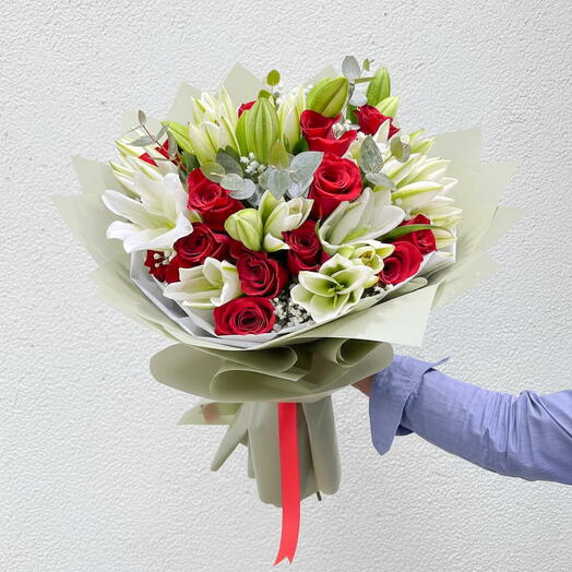 21 Red Roses 10 White Lilies Bouquet