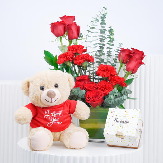 Eternal Red Roses and Carnations in Vase Trio