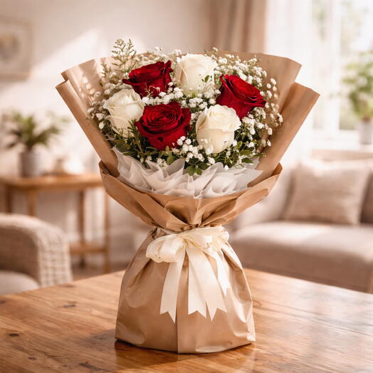 Ramo de rosas rojas y blancas