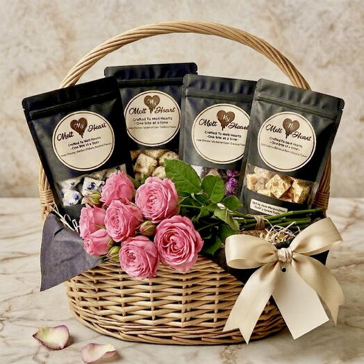 سلة هدايا فاخرة من الشوكولاتة مع ورود طازجة، توصيل إلى دبي