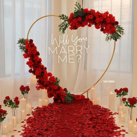Romantic Red Rose Proposal Backdrop with Neon Sign