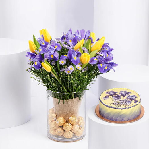Birthday Flower Iris   Tulips and Cake