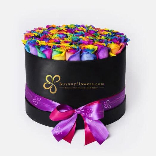 Roses arc-en-ciel éternelles en boîte ronde noire