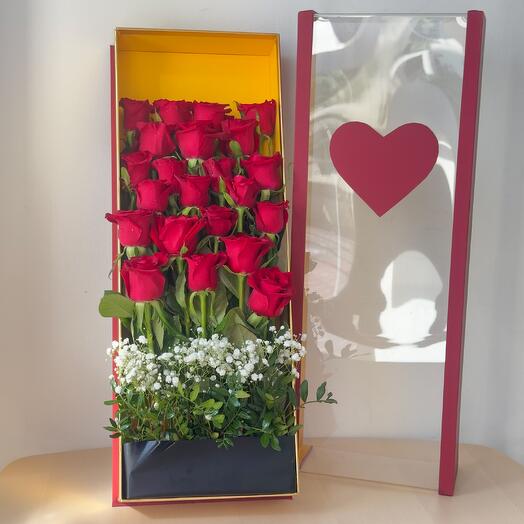 Crimson Reverie Roses | Elegant Transparent Box with 21 Red Roses | UAE Delivery