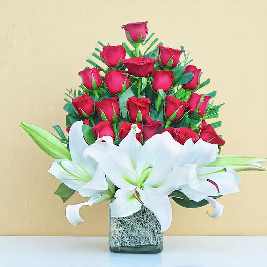 Red Roses And Lilies Vase