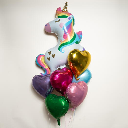 Фольгированный набор шаров Радужный единорог и 6 сердечек 7383