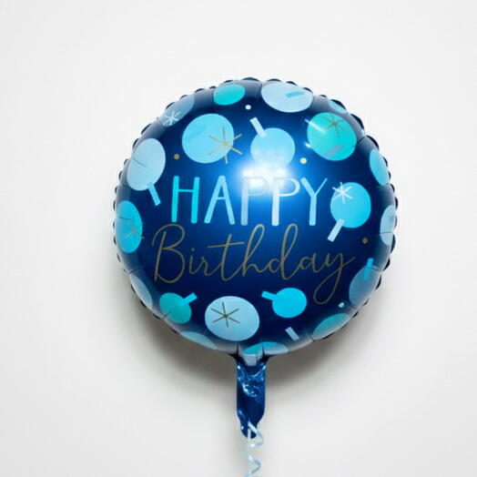Синий фольгированный шар в горошек с надписью «С Днём Рождения» 7492
