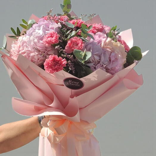 Charming Bloom – Pink Hydrangeas   Carnations in Elegant Wrapping