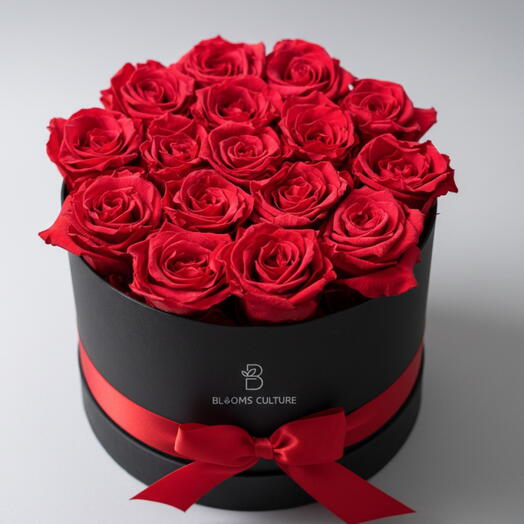 Red Explorer Roses in Black Round Box