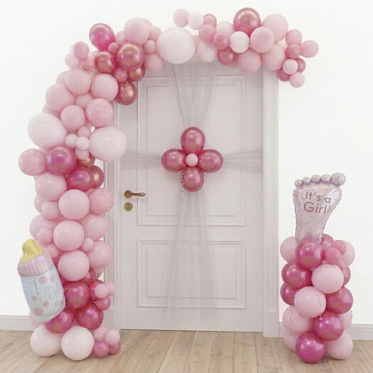 Pink Balloon Baby Girl Welcome Setup with Baby Bottle Foil