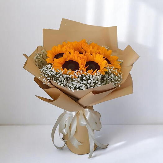 Golden Glow – 9 Sunflowers with Baby s Breath   Leafy Accents