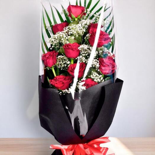 Timeless Red Rose Bouquet | 15 Red Roses with Gypsophila   Palm Leaves | Elegant Gift