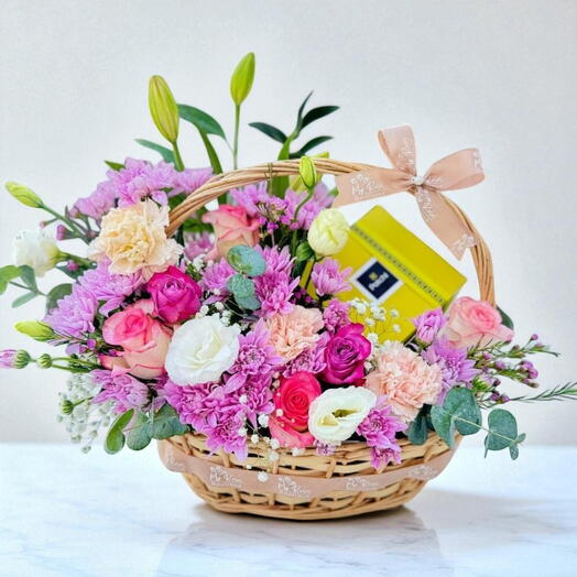 Basket pink arrangement with patchi chocolate