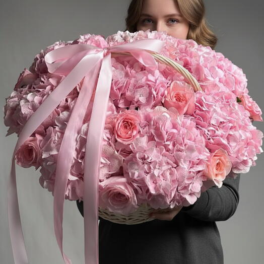 Розовые гортензии   Корзина роз O Hara
