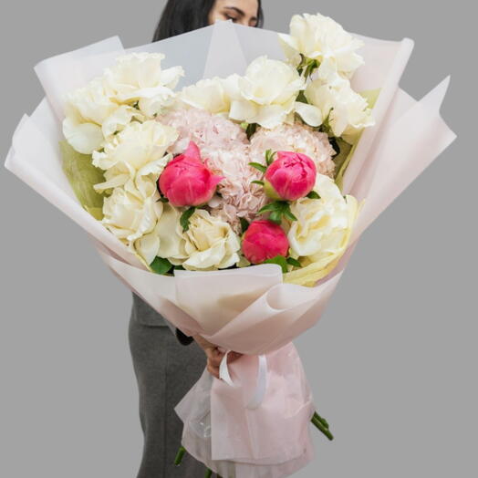Floral Symphony _ White French Rose,Pink Hydrangea, Red peonies Luxury Bouquet