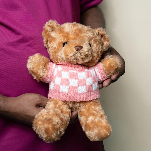 30 см – Милый плюшевый мишка в розовом клетчатом свитере 7342