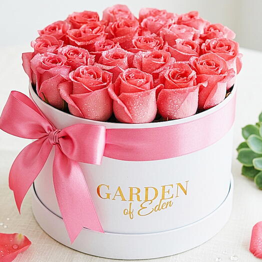 بلش لوكس 21 وردة وردية في صندوق أبيض هدية رومانسية أنيقة دبي