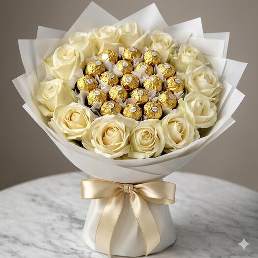 21 فيريرو روشيه   باقة من 15 وردة بيضاء  هدية أنيقة وفاخرة