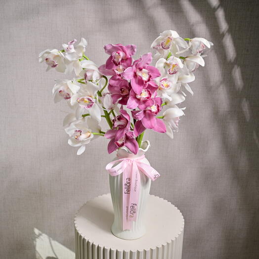 3 Stems of Cymbidium Orchids (Pink and White) in a Vase   6573