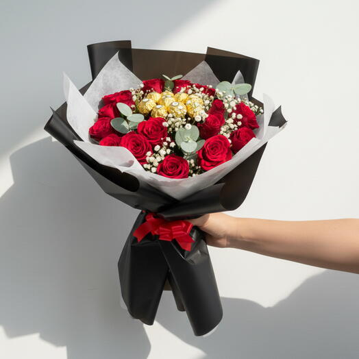 Romantic Rose   Chocolate Combo | 21 Red Roses + Ferrero Rocher | Same-Day UAE Delivery
