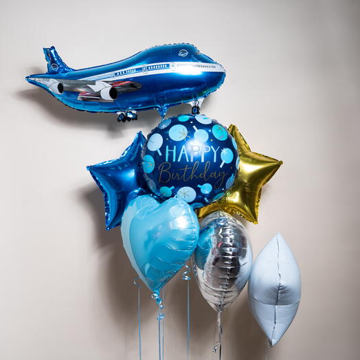 B  Blue Airplane Happy Birthday Foil Balloon Set 7425