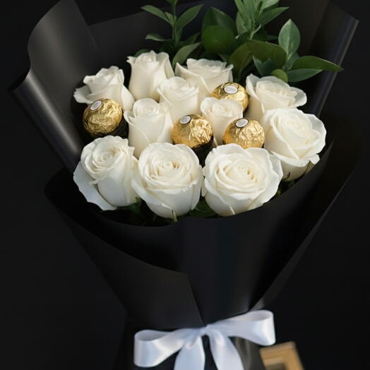 White Rose Bouquet with Chocolates and Green Leaves – Congratulations Flower Arrangement Gift