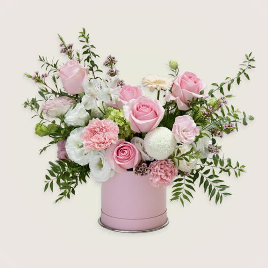 Blushing bloom: pink baby rose,light pink carnations,pink lisianthus