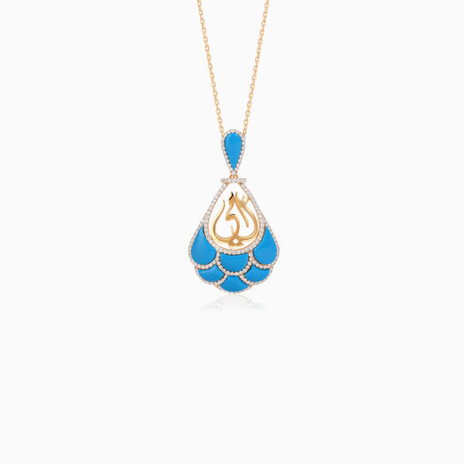 18K Yellow Gold Necklace with  Mother  Centerpiece, Adorned with Turquoise and Natural Diamonds