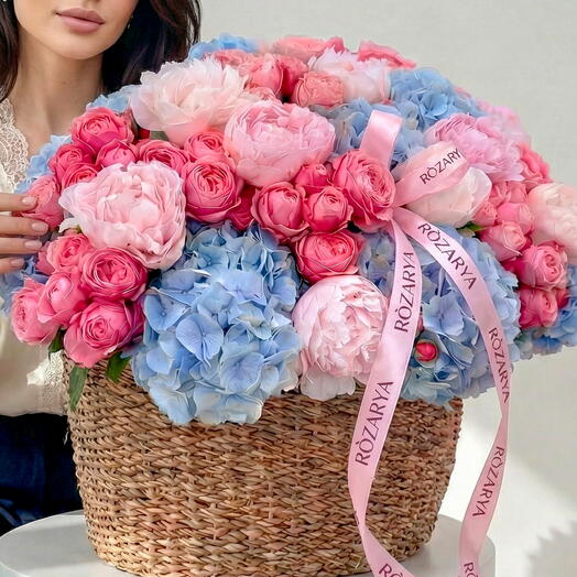 Azure Blush Grand Basket: The Blue Hydrangea   Pink Rose Symphony