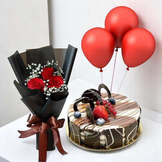 Romantic Cake   Flower Combo with 3 Red Roses, Marble Cake   Balloons