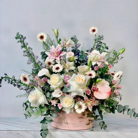 Elegance in a Box: Pink and White Mix Flowers with Eucalyptus Leaves Arrangement