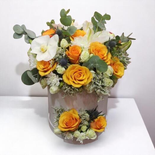 Bright Yellow Rose   Orchid Flower Box with Lilies and Eucalyptus – Luxury Floral Gift Arrangement