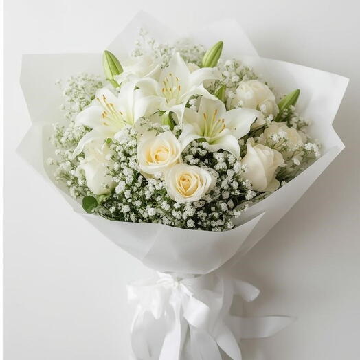 White Majesty – White Roses   Lilies Bouquet