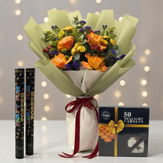 Праздничный набор – цветы, чайные свечи   хлопушки | Полный праздничный подарок Дубай