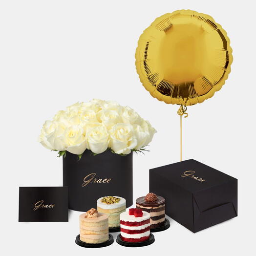 White Roses in Box with Mini Cake and Balloons