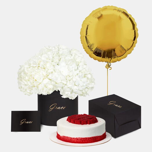 White Hydrangea in Box with Red velvet Cake Bundle