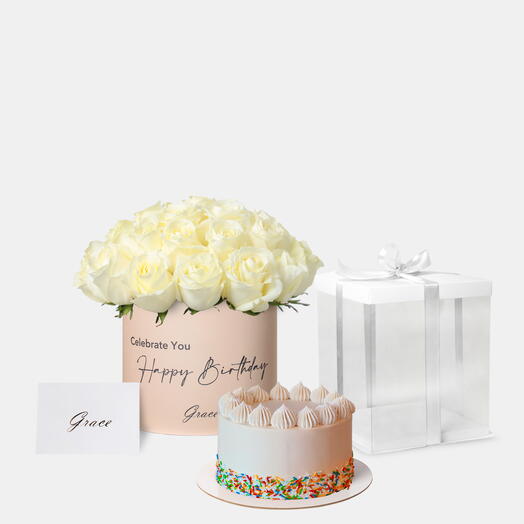 Joyful Birthday White Roses with  funfetti Cake