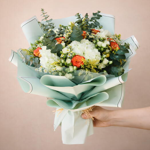 Gentle Man Beauty Bouquet: White Hydrangea, Orange Rose, Yellow Solidago, White Spray Roses, Tanacetum Flowers Eucalyptus Leaves