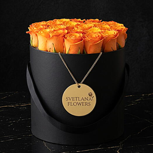 Obsidian   Fire 25 Orange Roses in Matte Black Luxury Box