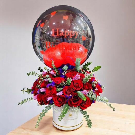 Happy Birthday Bobo Balloon With Red Roses Box