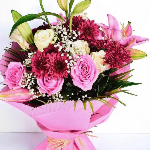 Blush Romance Bouquet | Pink   White Roses, Lilies, Burgundy Chrysanthemums   Baby s Breath | Elegant Floral Gift
