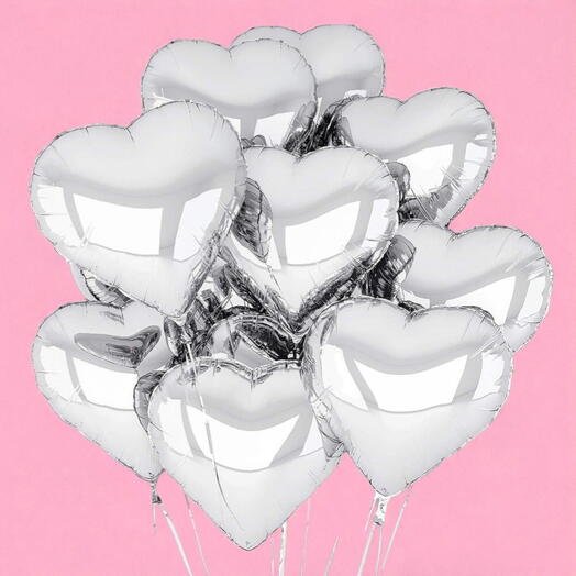 10 гелиевых серебряных шаров-сердец