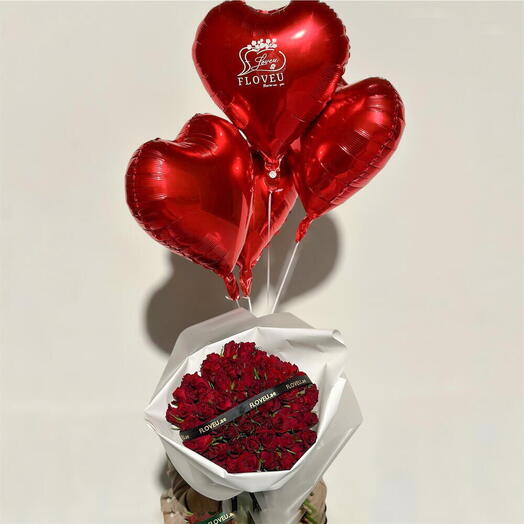 50 red roses (small button) + 4 balloons