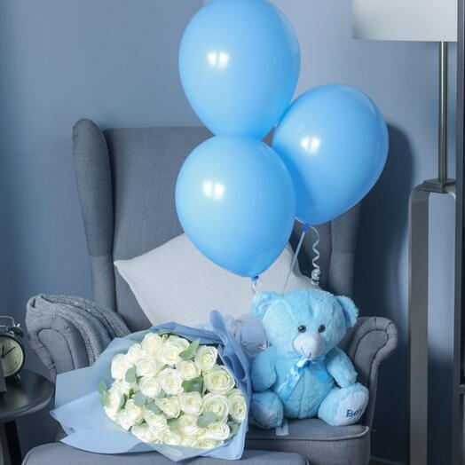 Mr Handsome _ Luxurious Gift Set Charming White Rose,Blue Teddy, Blue Balloons, For Him, Husband, Anniversary