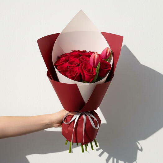 15 Red Roses   2 Pink Tulips Bouquet
